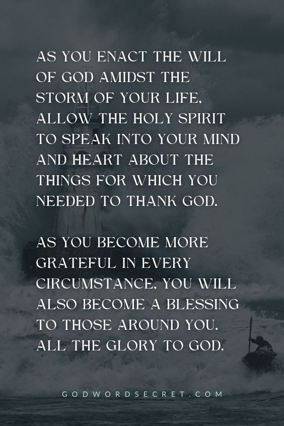 As you enact the will of God amidst the storm of your life, allow the Holy Spirit to speak into your mind and heart about the things for which you needed to thank God. As you become more grateful in every circumstance, you will also become a blessing to those around you. All the glory to God. 