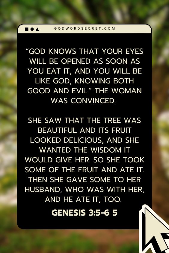  “God knows that your eyes will be opened as soon as you eat it, and you will be like God, knowing both good and evil.” The woman was convinced. She saw that the tree was beautiful and its fruit looked delicious, and she wanted the wisdom it would give her. So she took some of the fruit and ate it. Then she gave some to her husband, who was with her, and he ate it, too. NLT