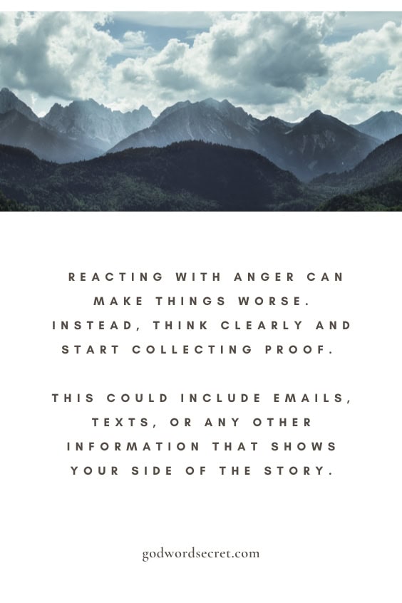eacting with anger can make things worse. Instead, think clearly and start collecting proof. This could include emails, texts, or any other information that shows your side of the story.
