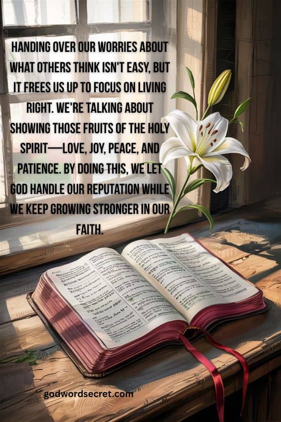 Handing over our worries about what others think isn't easy, but it frees us up to focus on living right. We're talking about showing those fruits of the Holy Spirit—love, joy, peace, and patience. By doing this, we let God handle our reputation while we keep growing stronger in our faith.