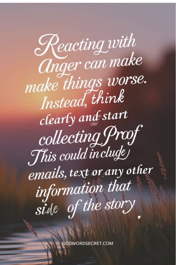  Reacting with anger can make things worse. Instead, think clearly and start collecting proof. This could include emails, texts, or any other information that shows your side of the story.