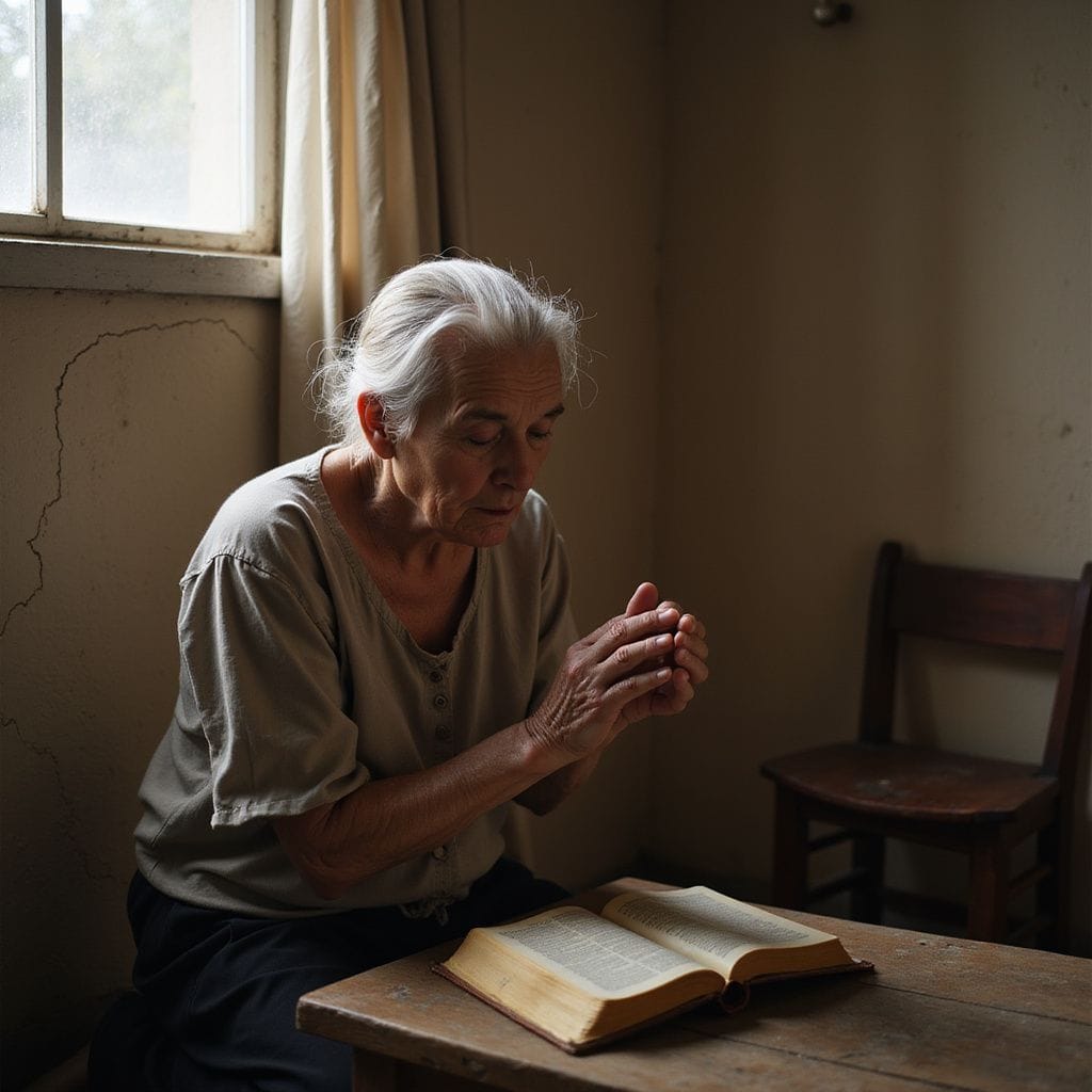 An elderly woman prays beside an open Bible in a modest room.