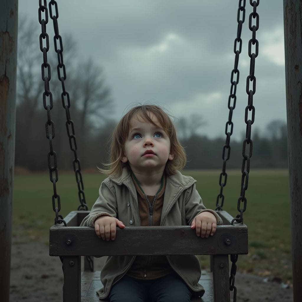 A lonely child sits on a swing, gazing thoughtfully into the sky.