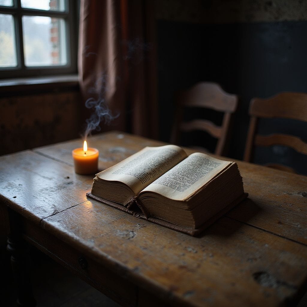 A rustic oak table holds ancient books and a flickering candle.